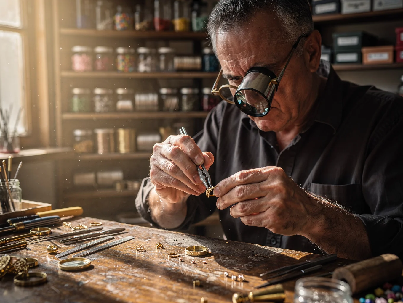 Artisan jeweler hand-forging a custom gold ring in the studio