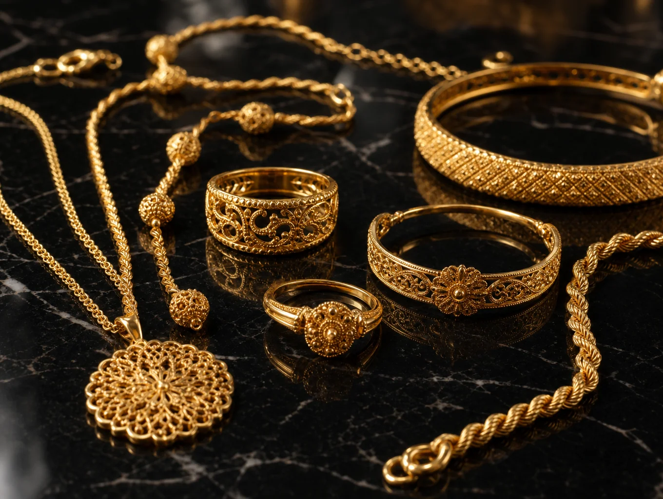 Handcrafted 18k gold rings and necklaces on a velvet display